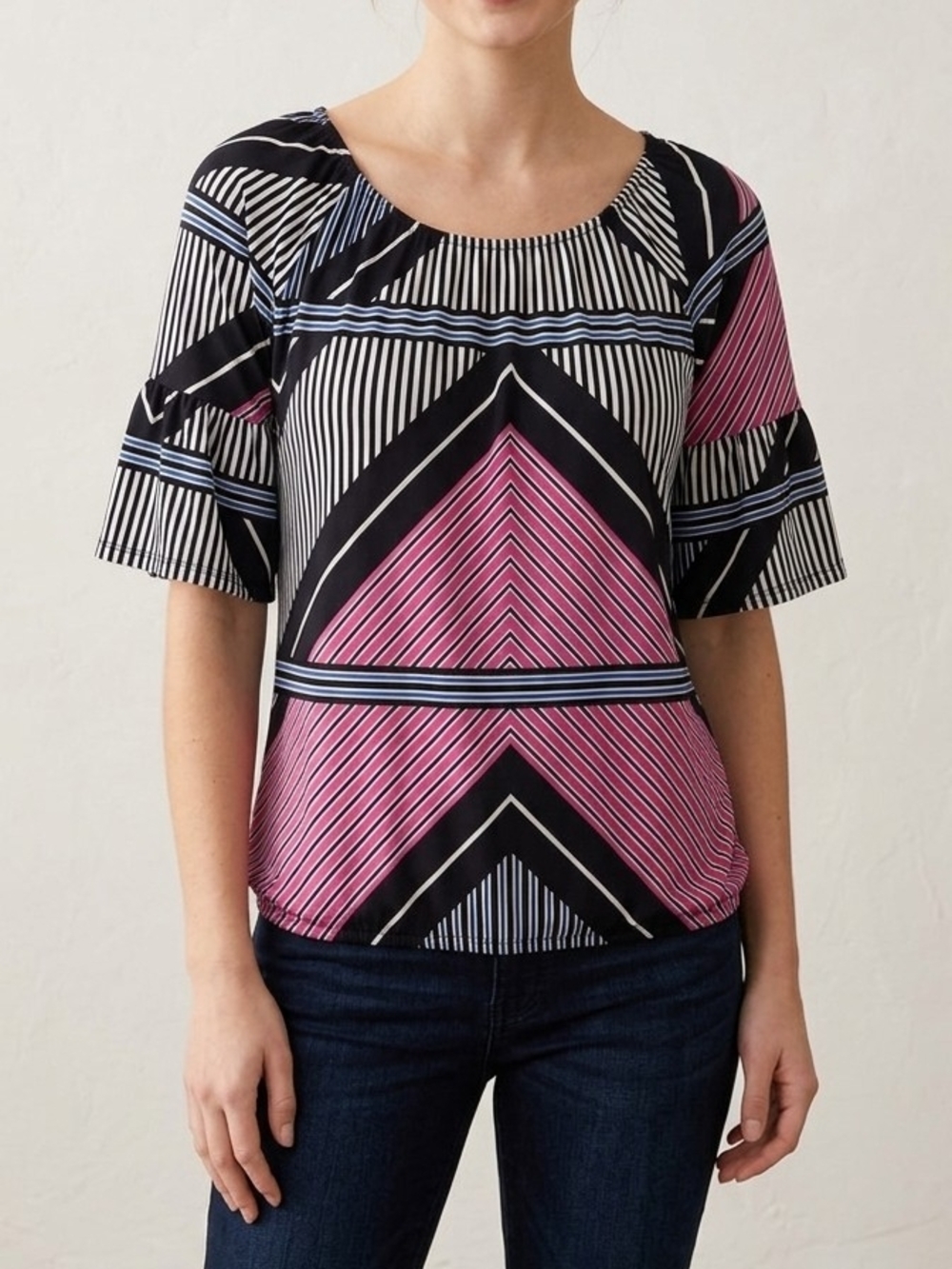 Auditions Pink & Black Geometric Stripe Blouse. WS 89